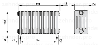 Схема (чертеж) Радиатор Zehnder Charleston 5026/11 №5310 Белый глянцевый RAL 9016